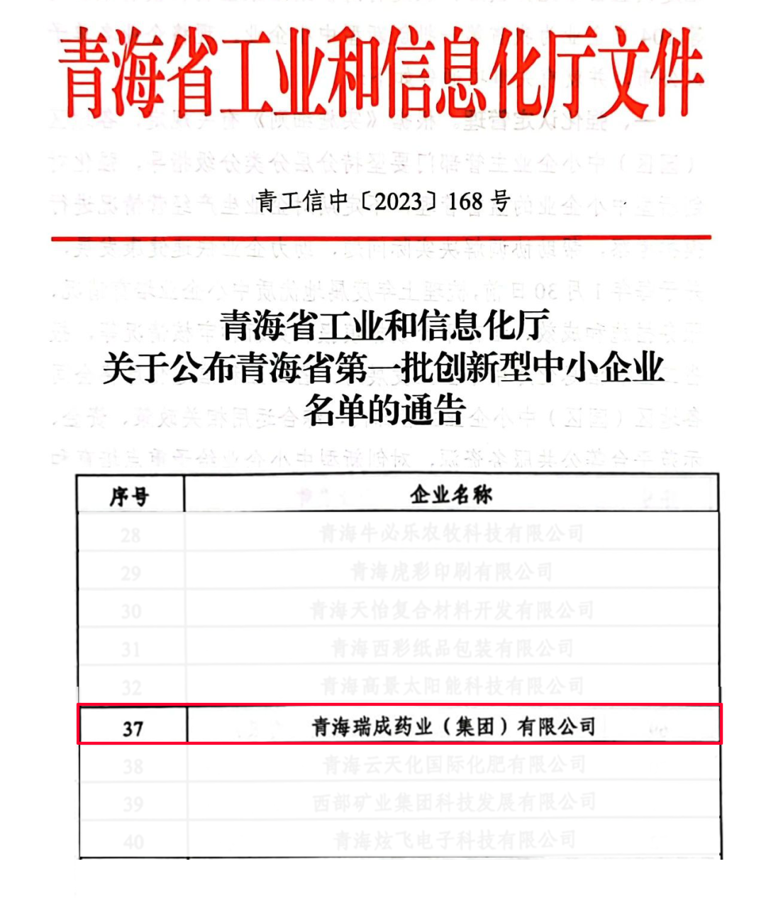 喜报！热烈祝贺瑞成药业荣获“青海省创新型中小企业”认定！